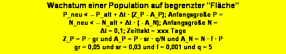 Textfeld: Wachstum einer Population auf begrenzter "Fl�che"
P_neu < -- P_alt + Δt � (Z_P - A_P); Anfangsgr��e P = 
N_neu < -- N_alt + Δt � ( - A_N); Anfangsgr��e N =
Δt = 0,1; Zeittakt = xxx Tage
Z_P = P � gr und A_P = P � sr � q/N und A_N = N � f � P
gr = 0,05 und sr = 0,03 und f = 0,001 und q = 5 
