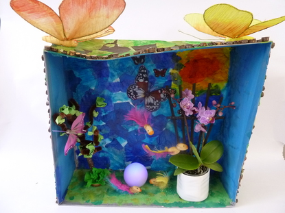 Unser Objekt stellt den farbenfrohen Dschungel dar. Die Schachtel haben wir mit Krepppapier bekleistert. Die V�gel, die in der Luft schweben und auf dem Boden sitzen, haben wir aus Pistazienschalen gebastelt.